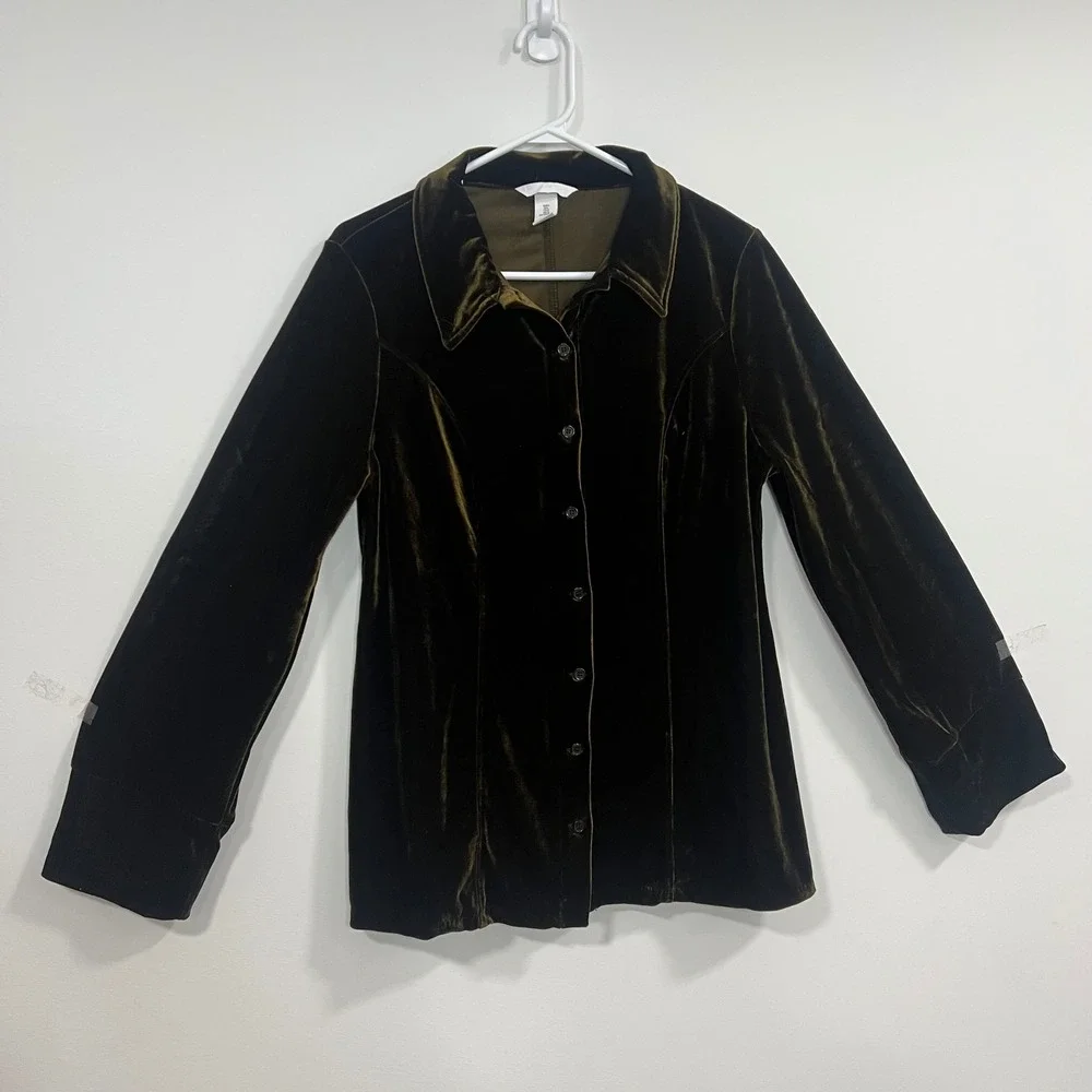 H&M Womens Olive Green Velvet Button Down Shirt Long Sleeve Blouse Size Large - Picture 3 of 11